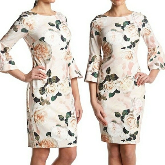 calvin klein floral bell sleeve sheath dress